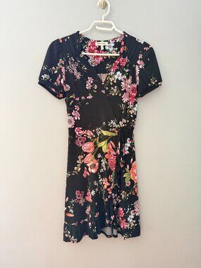 Monteau Black with Pink and Green Floral Midi Faux Wrap Dress Ruffle Size Small
